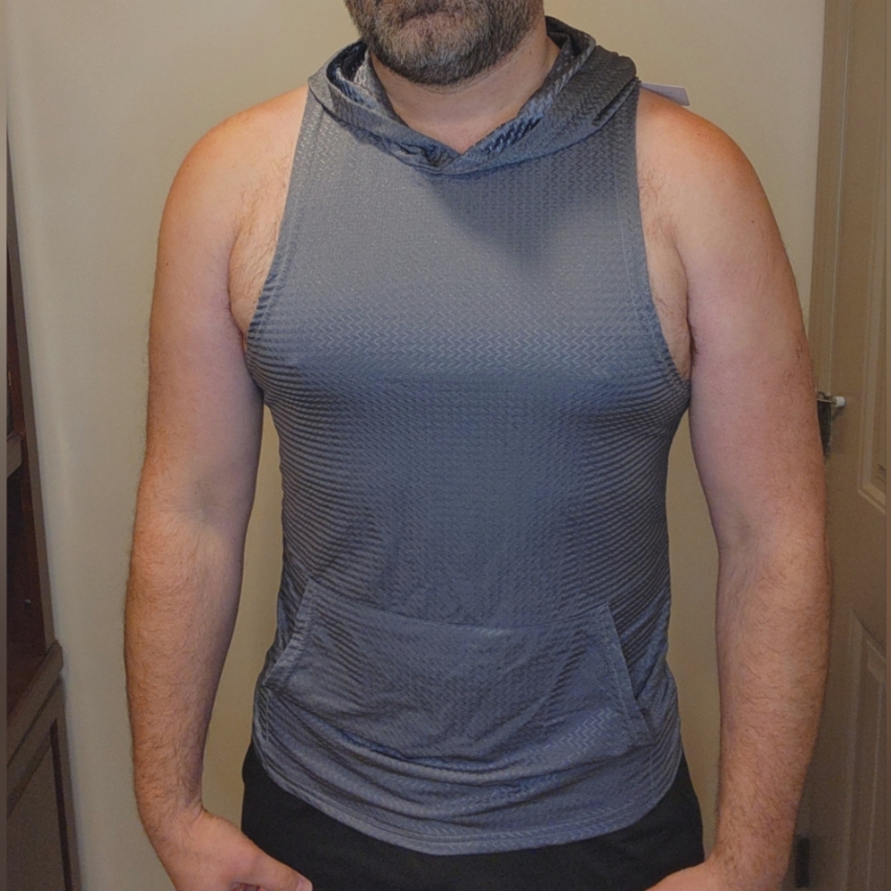 Gray Hooded Tank Top with Textured Chest and Snug Fit